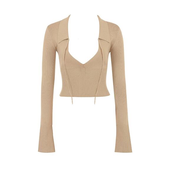 House of CB Marianne V-neck Knit Top - S -  Camel - Picture 1 of 7